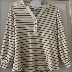 LC Lauren Conrad White Top with Mustard-Brown Stripes